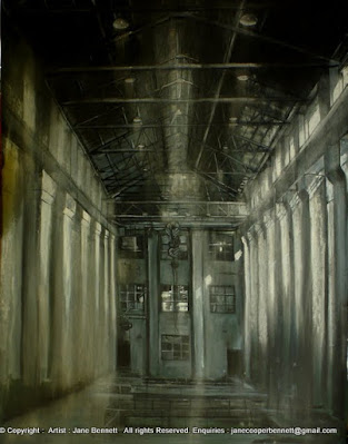 charcoal drawing of industrial Heritage"The Turbine Hall Of the White Bay Power Station" 2011 charcoal, pastel and ink on paper 75 x 100cm by Jane Bennett, Artist