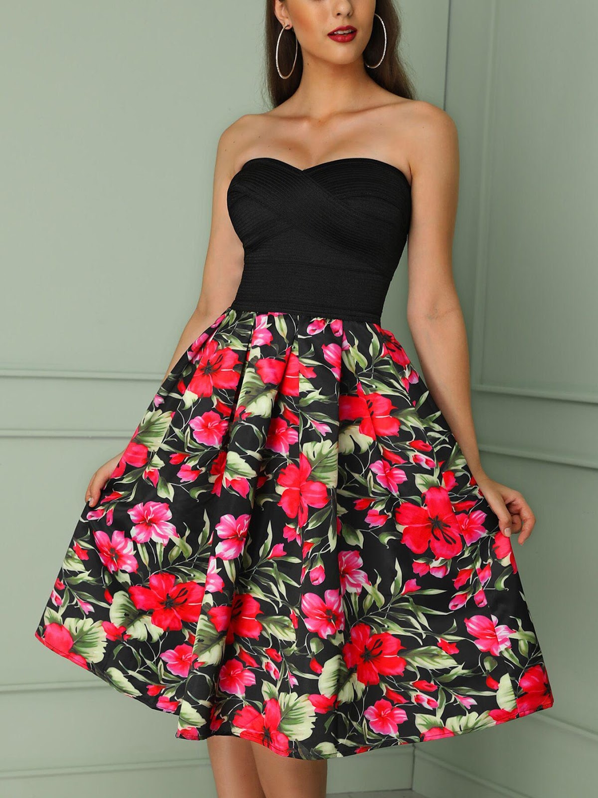 Floral Print Patchwork Pleated Bandage Tube Dress