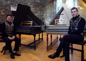 IN PERFORMANCE: internationally-acclaimed harpsichordists JORY VINIKOUR (left) and PHILIPPE LEROY (right), who brought a recital of music for two harpsichords to Asheville, North Carolina, on 20 October 2018 [Photo by the author, © by Joseph Newsome / Voix des Arts; used with the artists' permission]