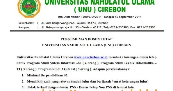 Lowongan Dosen Tetap Universitas Nahdlatul Ulama (UNU 
