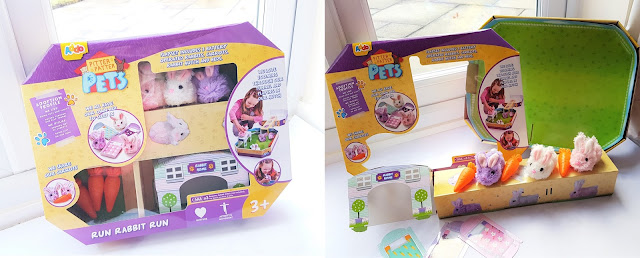Addo Play Pitter Patter Pets Run Rabbit Run before unboxing, and the contents laid out after unboxing