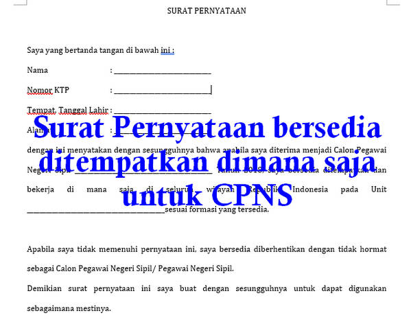 Surat Pernyataan Bersedia Ditempatkan Dimana Saja Cpns Berkas Sekolah