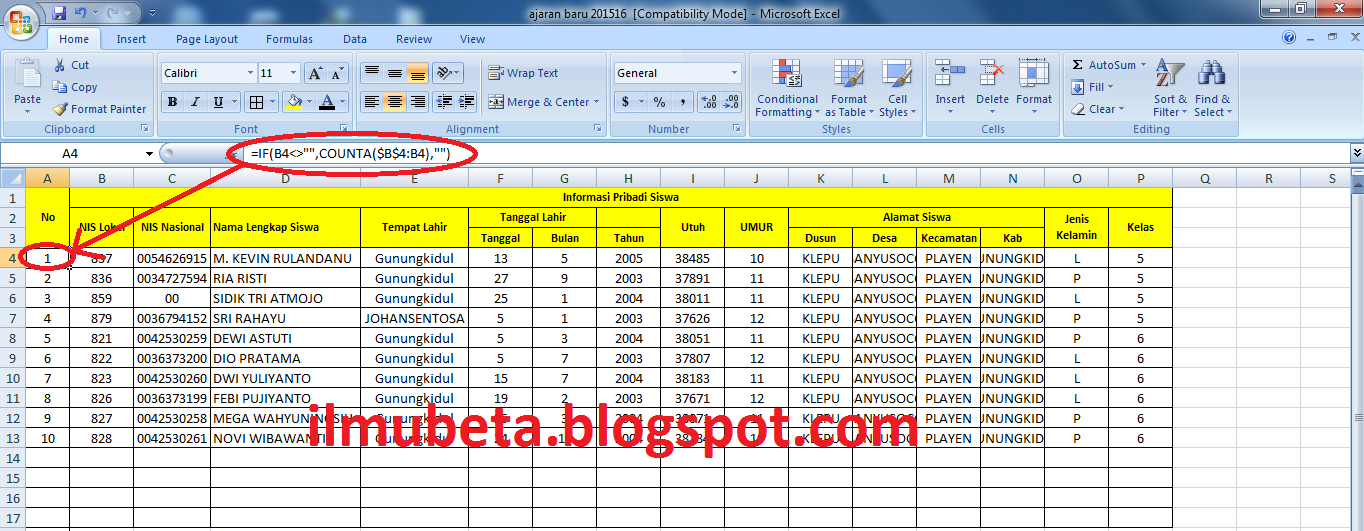 ILMU BETA: Cara Membuat Nomor Otomatis Pada Excel