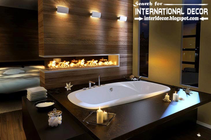 unusual fireplace in the bathroom in modern style 2015, Cozy Interior bathrooms with fireplace designs