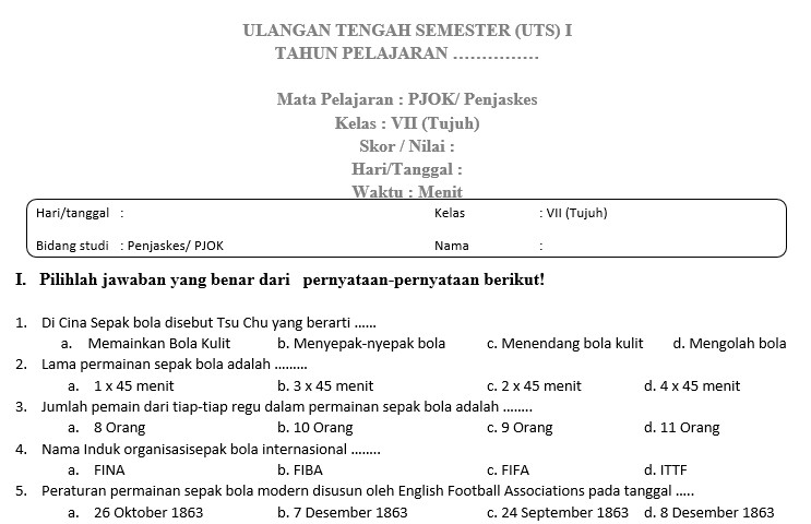 Bank Soal UTS 1 PJOK SMP MTs Kelas 7 Terbaru