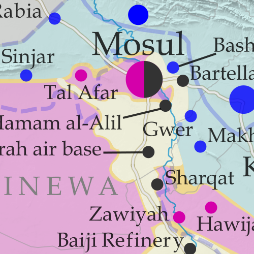 Detailed map of territorial control in Iraq as of January 10, 2016, including territory held by the so-called Islamic State (ISIS, ISIL), the Baghdad government, and the Kurdistan Peshmerga. Shows developments in the ongoing coalition battle to recapture the city of Mosul. Includes key locations from recent events, such as Mosul, Al-Sagra, and Hamam al-Alil. Colorblind accessible.