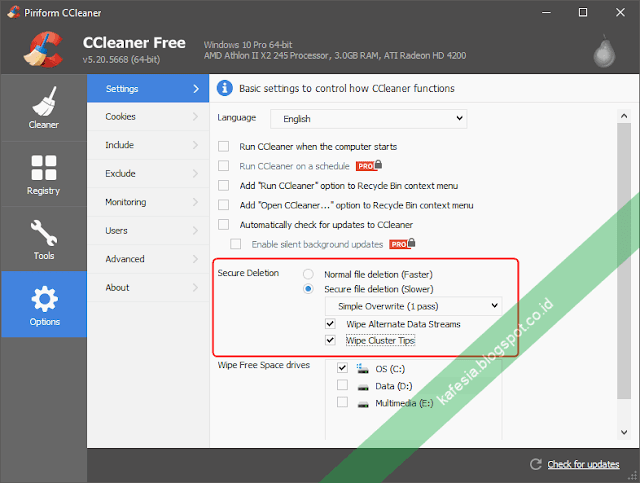 settingan penghapusan file di ccleaner