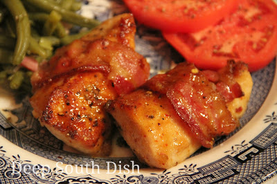 Brown Sugar Chicken with Bacon - my take on the popular three ingredient chicken, made with boneless, skinless chicken breasts, dredged in a seasoned brown sugar and wrapped in bacon.