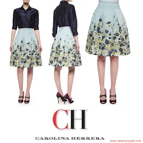 Queen Letizia wore Carolina Herrera silk taffeta blouse and Carolina Herrera Flower Fil Coupe Party skirt