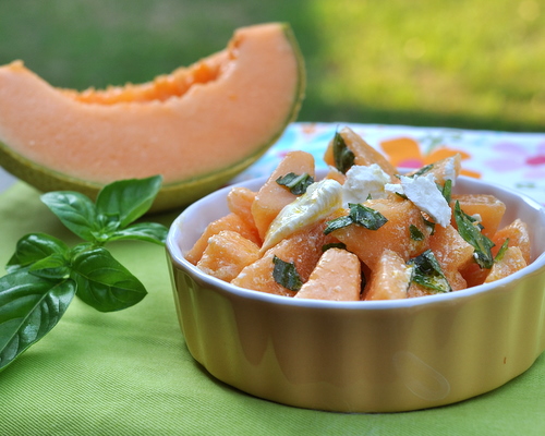 Cantaloupe Salad with Feta & Basil, another easy summer recipe ♥ KitchenParade.com, just sweet summer melon in an almost-savory salad, just five ingredients. Make it for lunch, make it dessert. Low Carb. Weight Watchers Friendly.