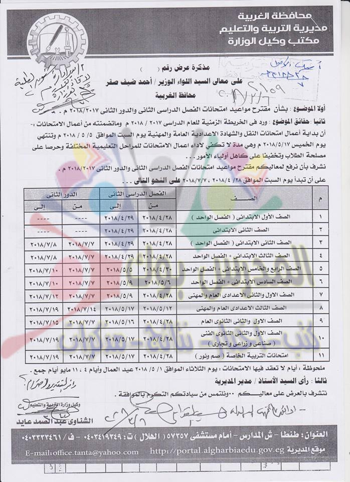 جدول امتحانات آخر العام محافظة الغربية 2018