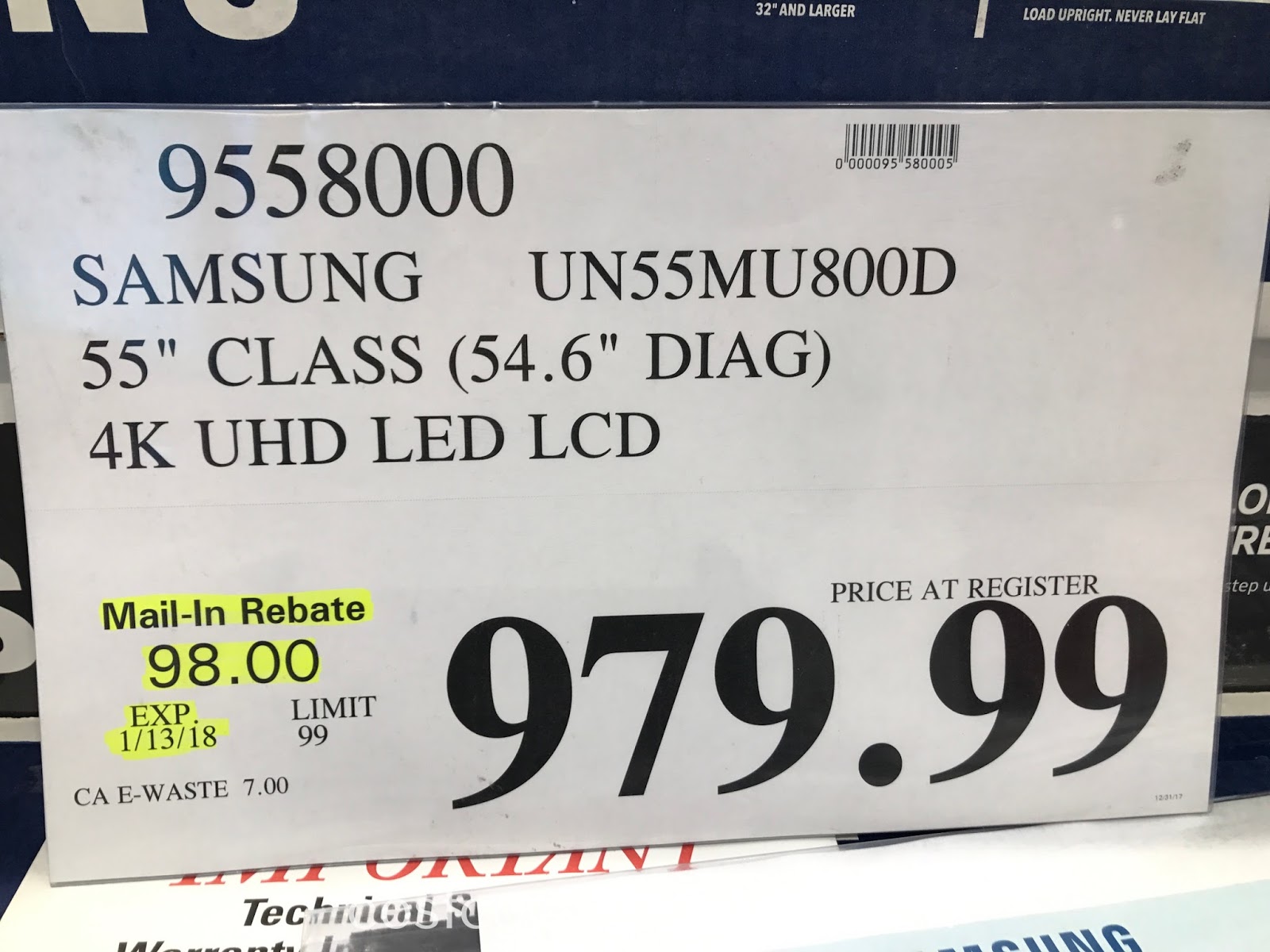 Samsung UN55MU800D 55" 4K UHD LED LCD TV Costco Weekender