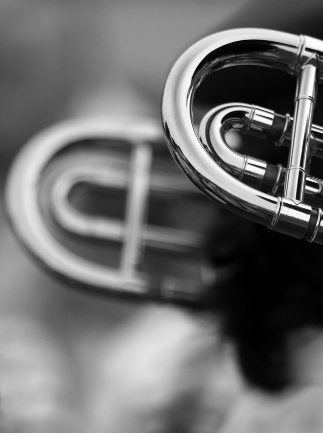 Dois trombones Pormenor de dois trobones de varas, um focado e outro desfocado. Fundo completamenrte desfocado devido à pouca profundidade de campo.