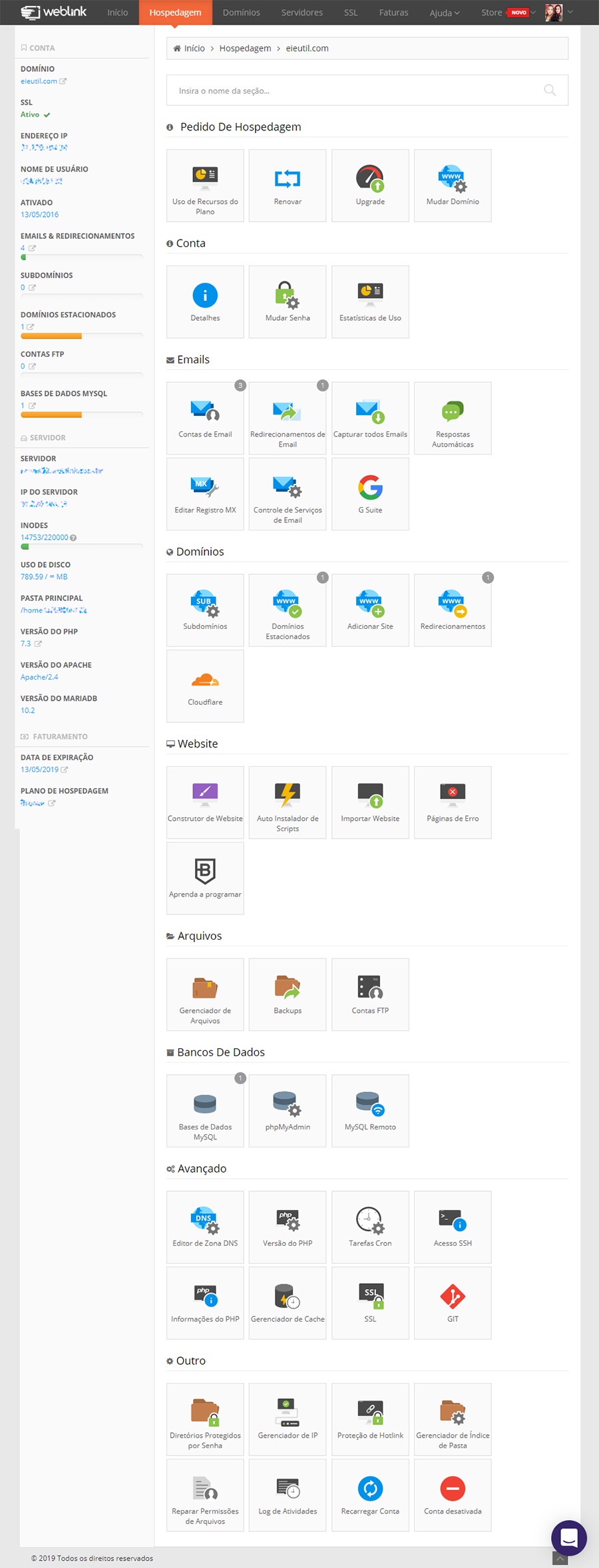 Painel de Controle da Weblink