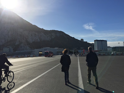 Walking across the runway to enter Gibraltar