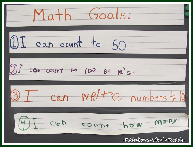 photo of: Kindergarten Math Goals (Handwritten by students) 