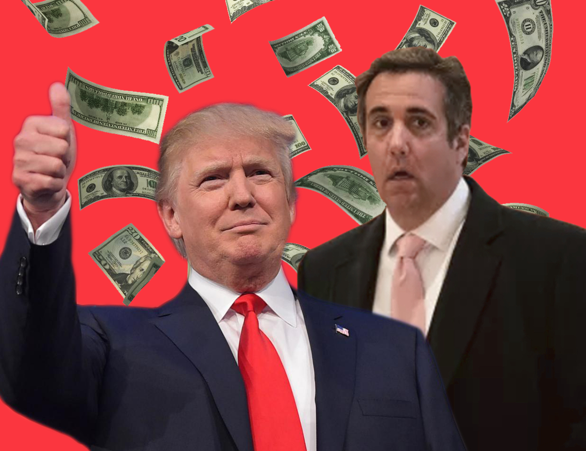 Thumps up Trump and Hesitant Michael Cohen with falling money backdrop