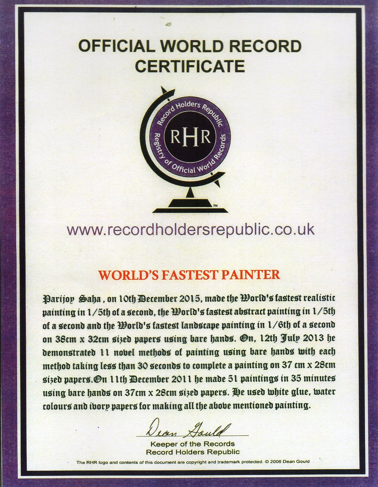 World Record Certificate for World's Fastest Painter