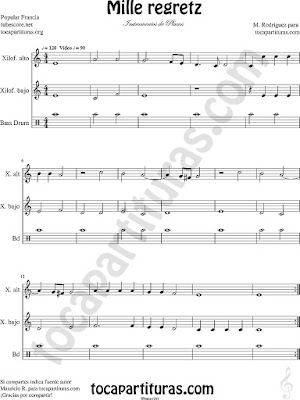 Partitura de un Pequeño Montaje Instrumental con percusión (acompañamiento sencillo) y para Xilófonos Alto y Bajo (también posible tocar con Metalófonos) Xilophone sheet Music