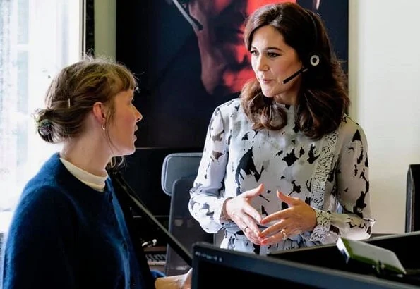 Crown Princess Mary wore Proenza Schouler blue layered chiffon blouse, and pearl earrings, Gianvito Rossi pumps