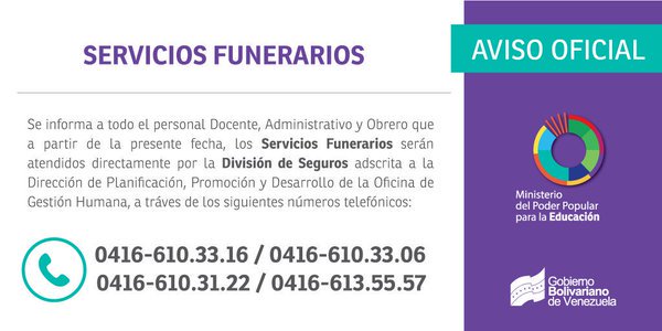 Aviso Oficial: Servicios funerarios del Personal docente, administrativo y obrero del @MPPEDUCACION Aviso Oficial: Servicios funerarios del Personal docente, administrativo y obrero del @MPPEDUCACION