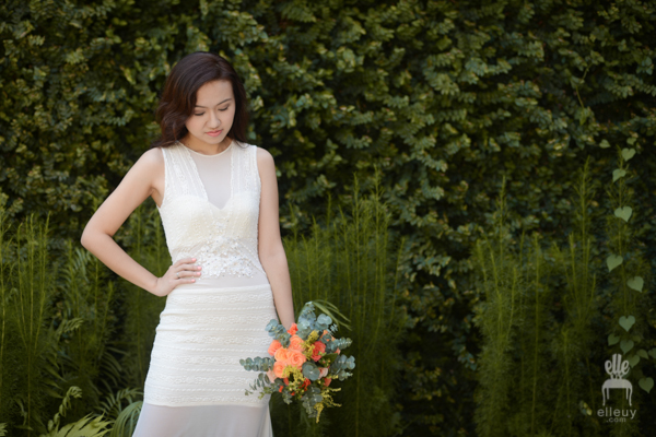 eucalyptus rose bouquet, bohemian bride, simple boho wedding dress