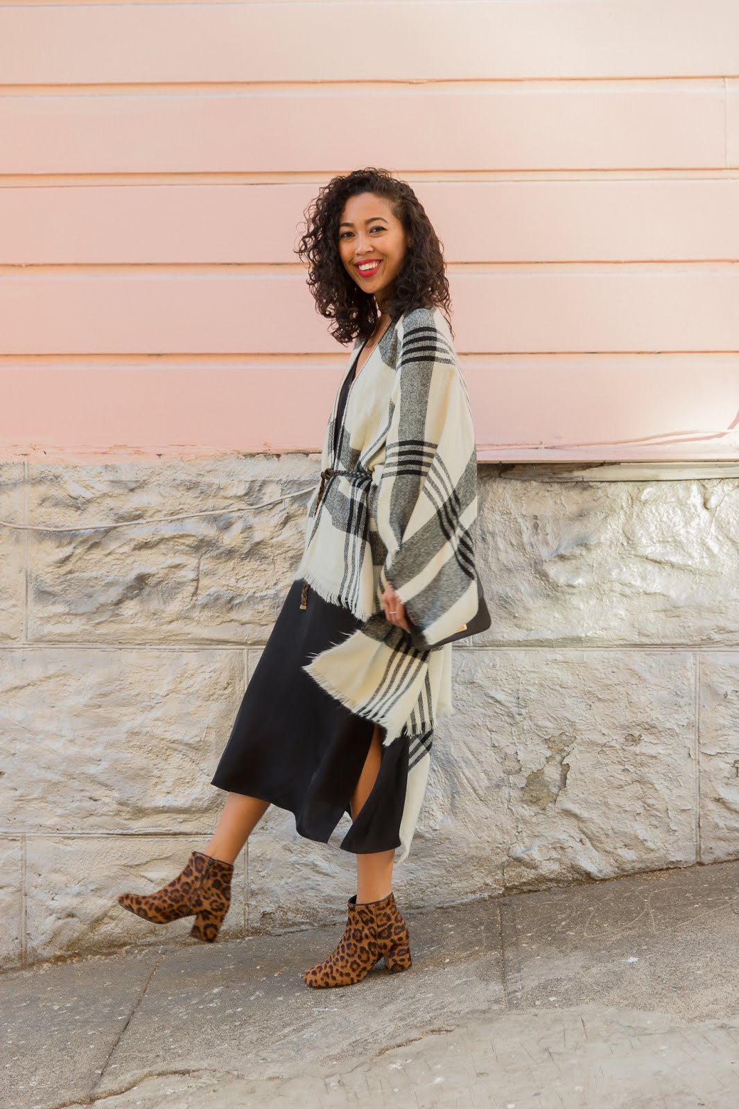pancake stacker pancakestacker blog; #ootd; outfit; zara leopard boots; grana silk dress; furla metropolis crossbody; Nordstrom plaid poncho