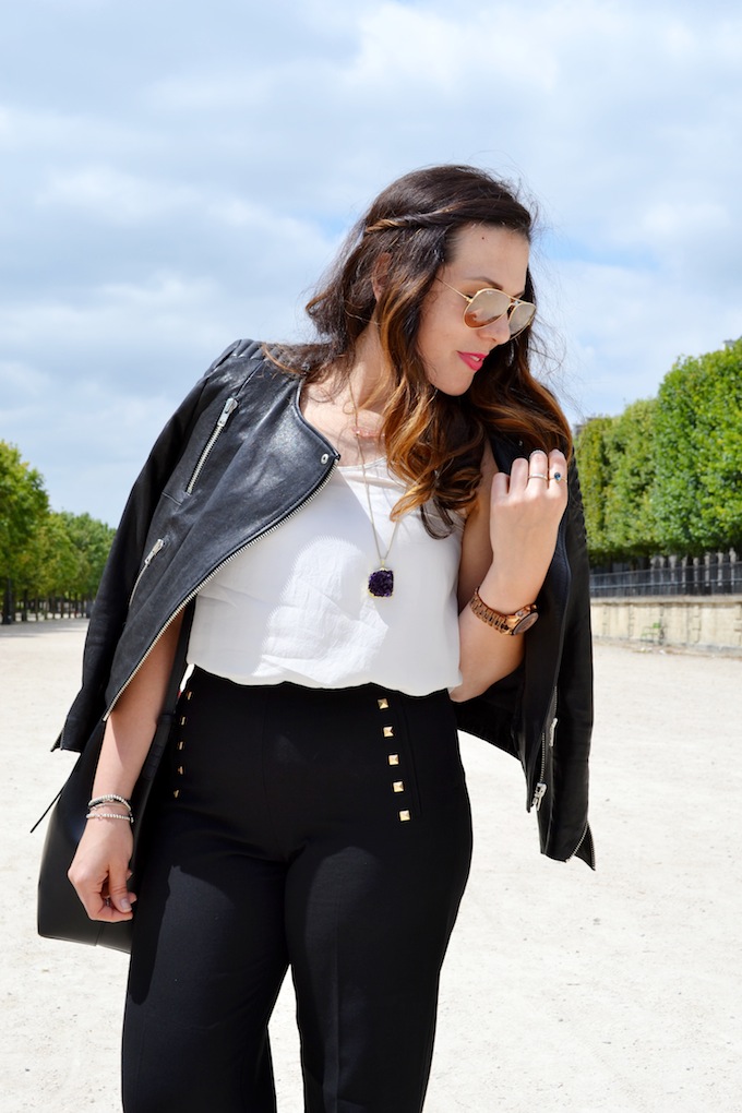 Vancouver fashion blogger Covet and Acquire in Paris Jardin des Tuileries H&M Icons leather jacket.
