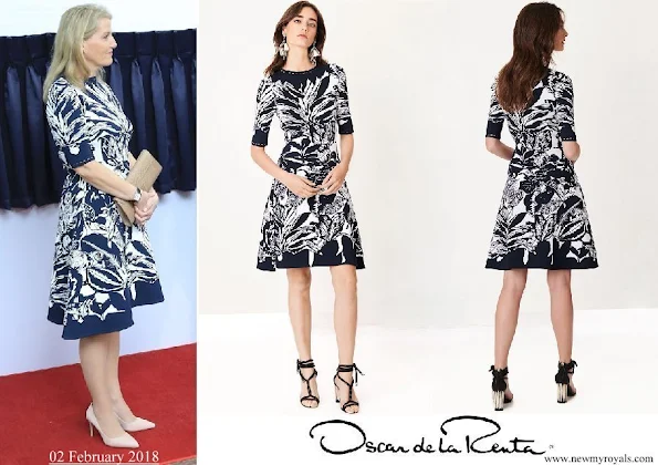 The Countess of Wessex wore Oscar de la Renta navy floral jacquard knit dress