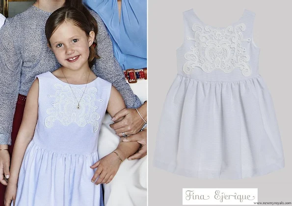 Princess Josephine wore a striped light blue dress with guipure, from the Spring Summer collection of Fina Ejerique