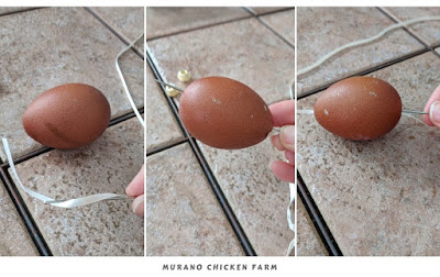 Threading a ribbon through an egg.