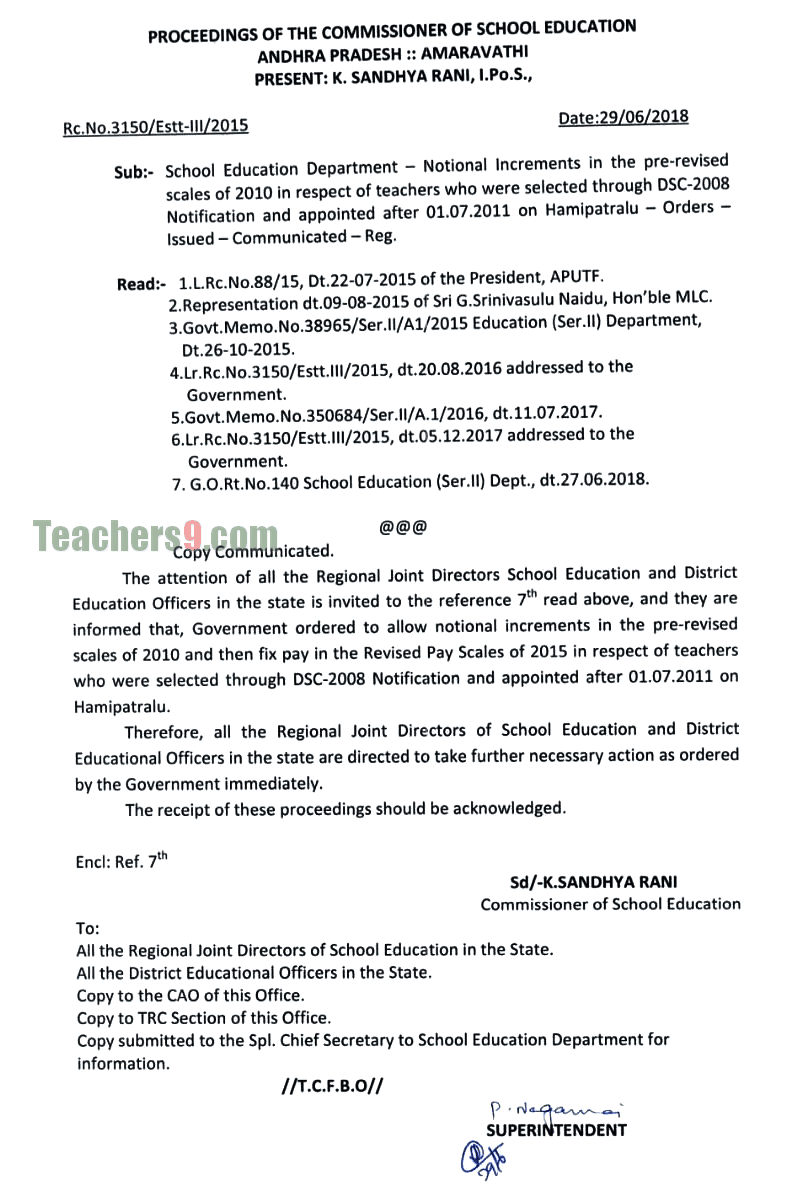 RC No 3150 Notional Increments in the pre-revised scales of 2010 in respect of 2008 DSC teachers