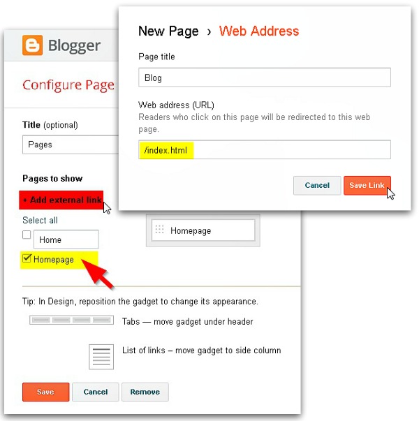 Step 3.2 Link created homepage and your blog's index page in blogger's tab widget Link created homepage and your blog's index page in blogger's tab widget via geniushowto.blogspot.com how to create a homepage for blogger blog step 4