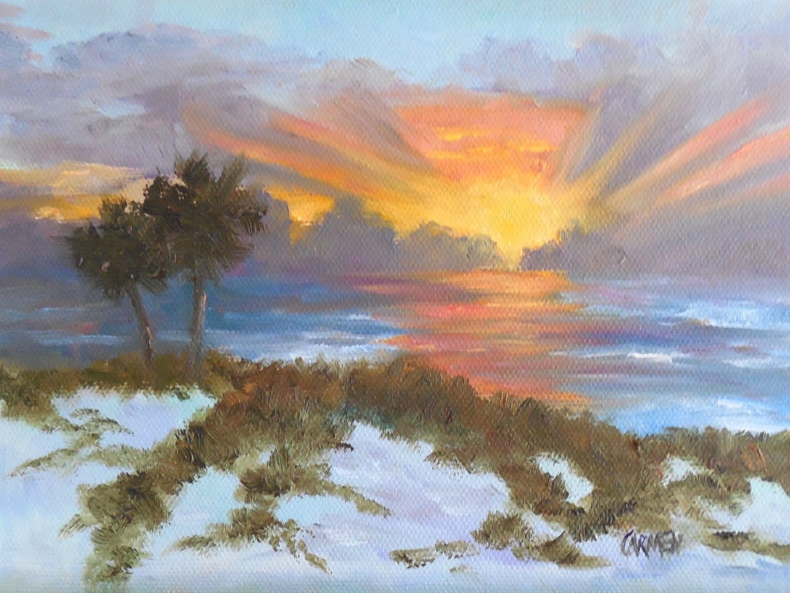 Carmen Beecher Sunrise on the Dunes, 6x8 Original Oil Painting