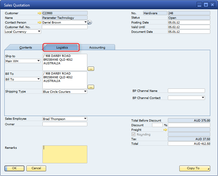 SAP Business One Sales Quotation