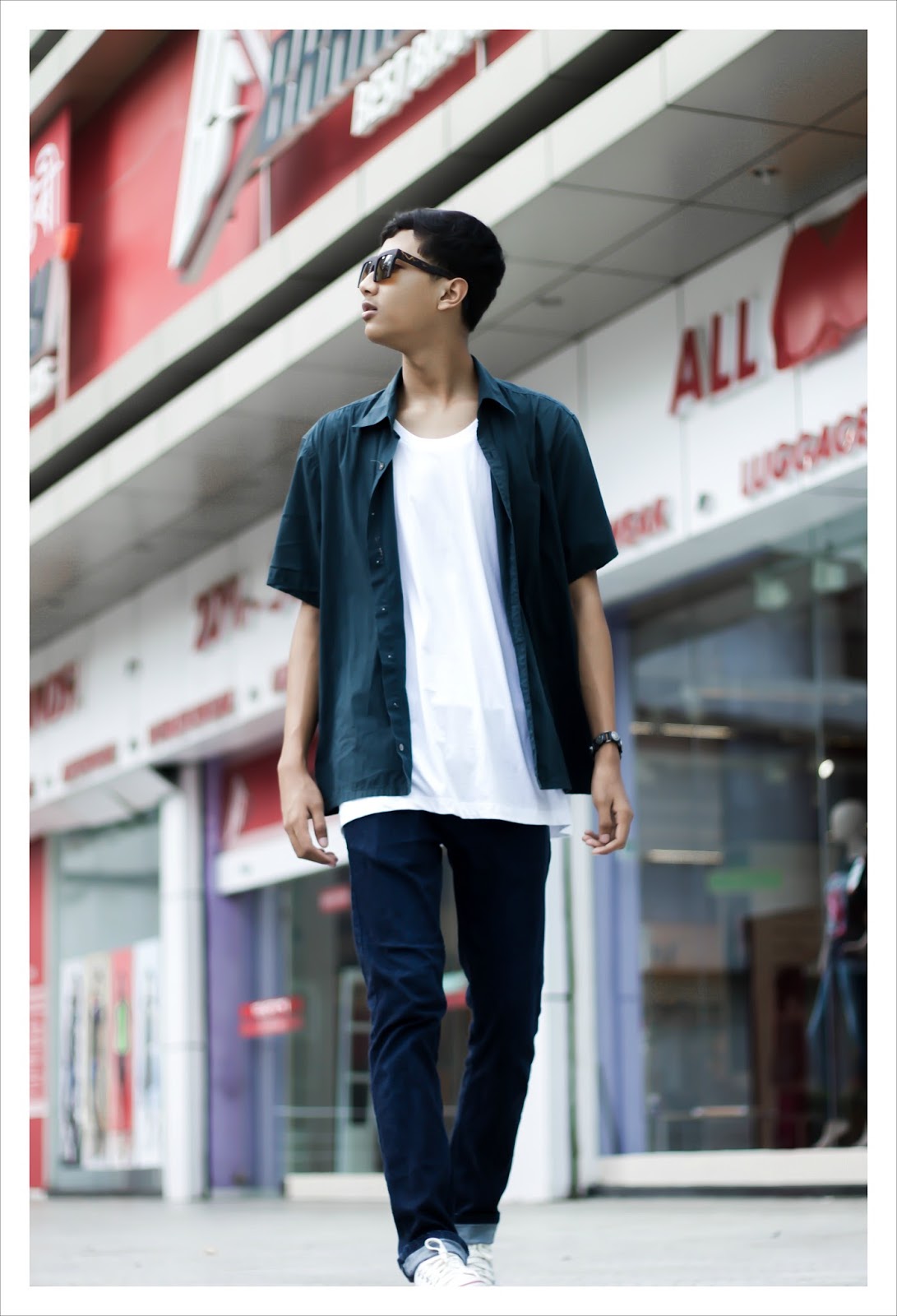 Wearing- Banana Republic shirt, Koovs White tee, Incult jeans via Jabong, White converse & Blur store sunglasses