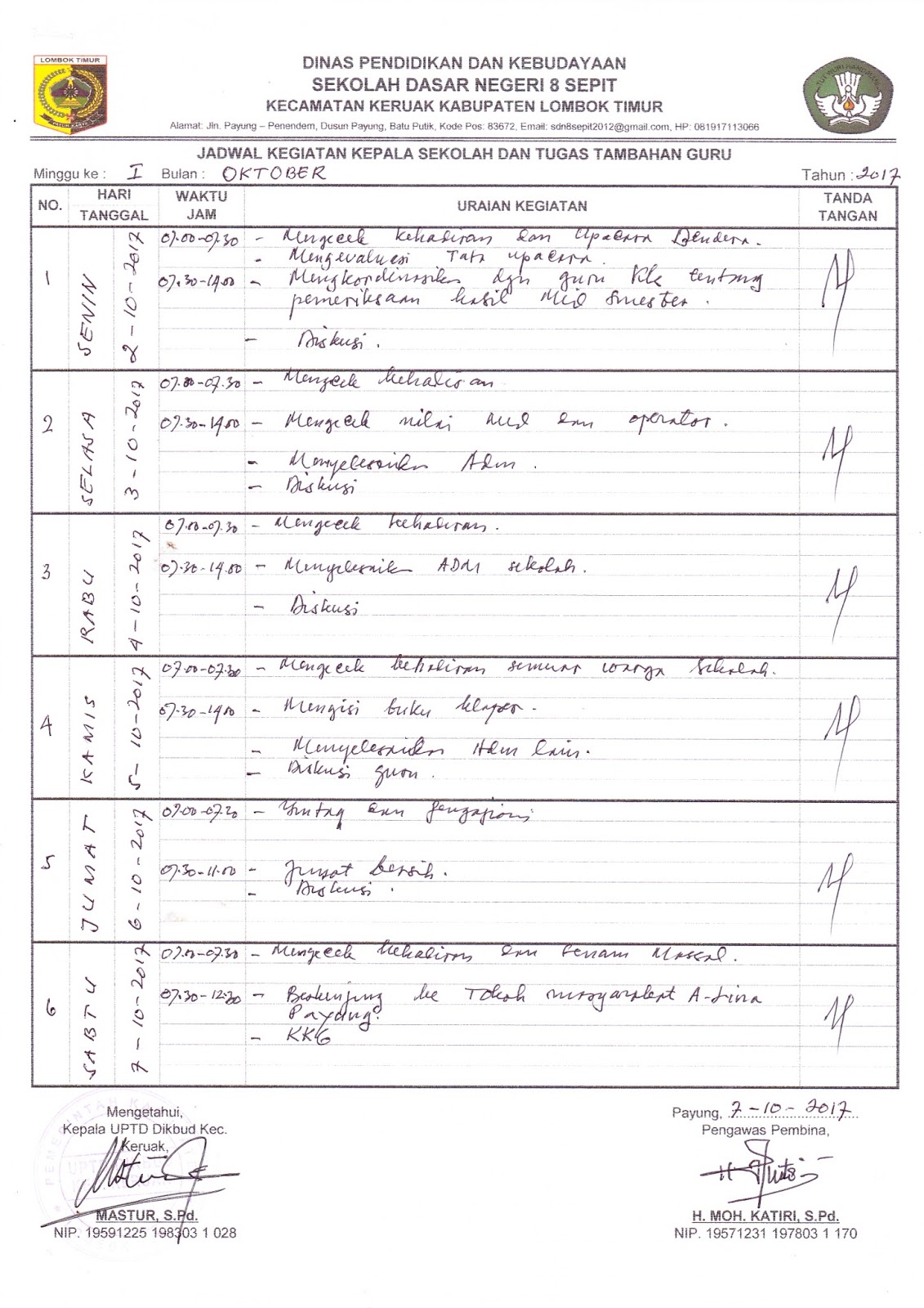 Contoh Jurnal Kegiatan Harian Kepala Sekolah Sd