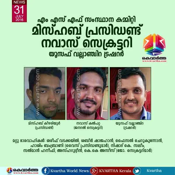Kannur, MSF, State, MSF State committee new office bearers.