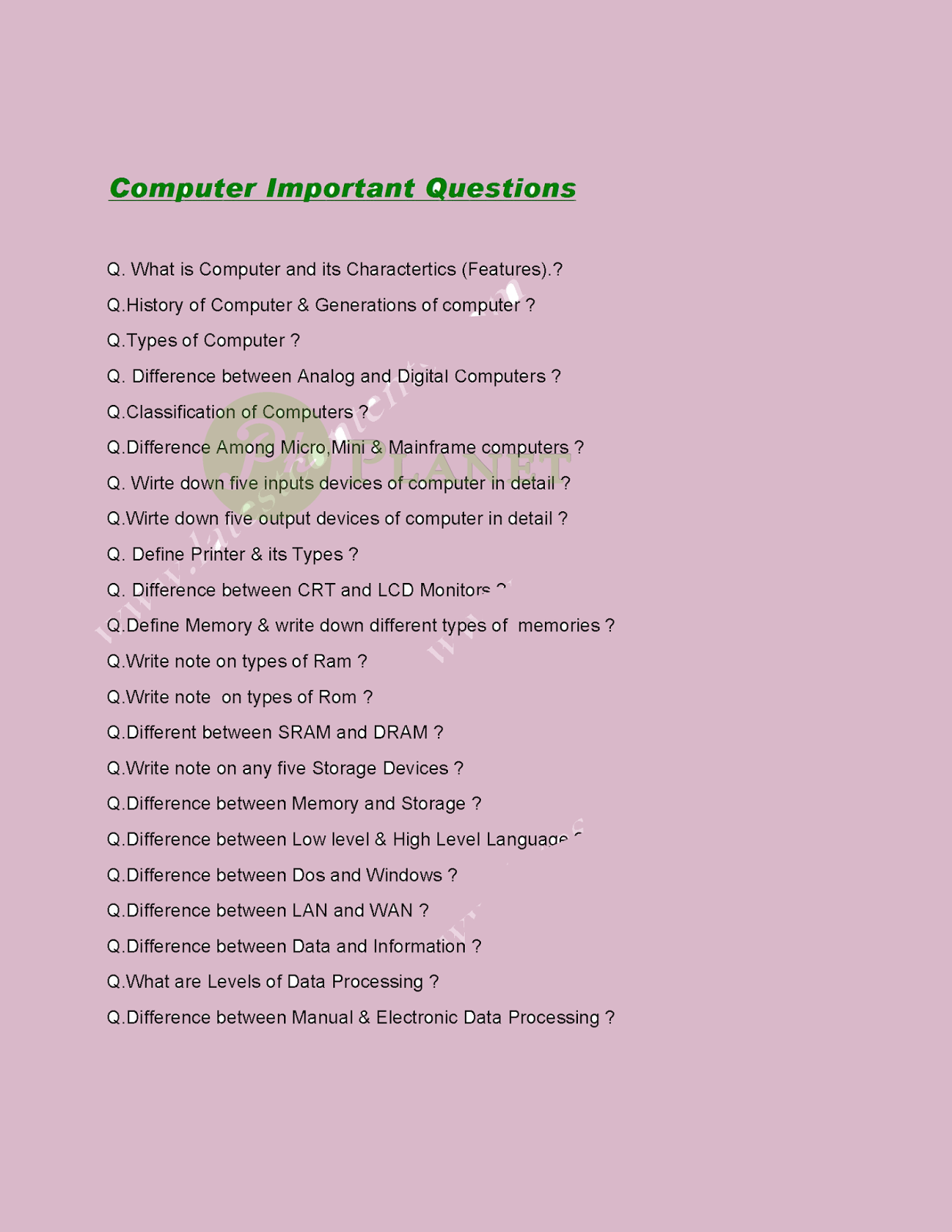 B.Com Part 1 Computer Guess Paper