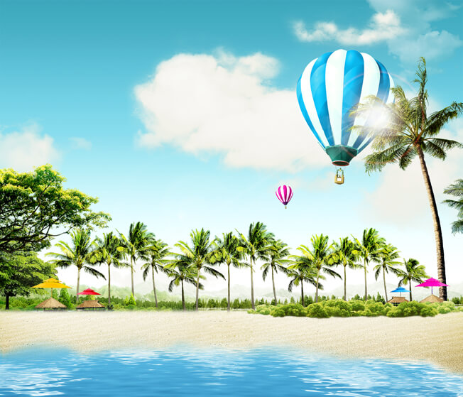 PSD Packgrounds free Download, تحميل خلفيه شاطئ ونخيل وبالون وسماء صافيه للفوتوشوب, PSD Beach Palm and Balloon Packground