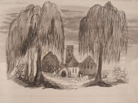 A watercolor of trees and a church.