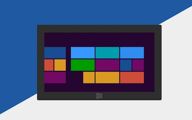 Blauw witte Windows 8 wallpaper met tablet en metro tegels