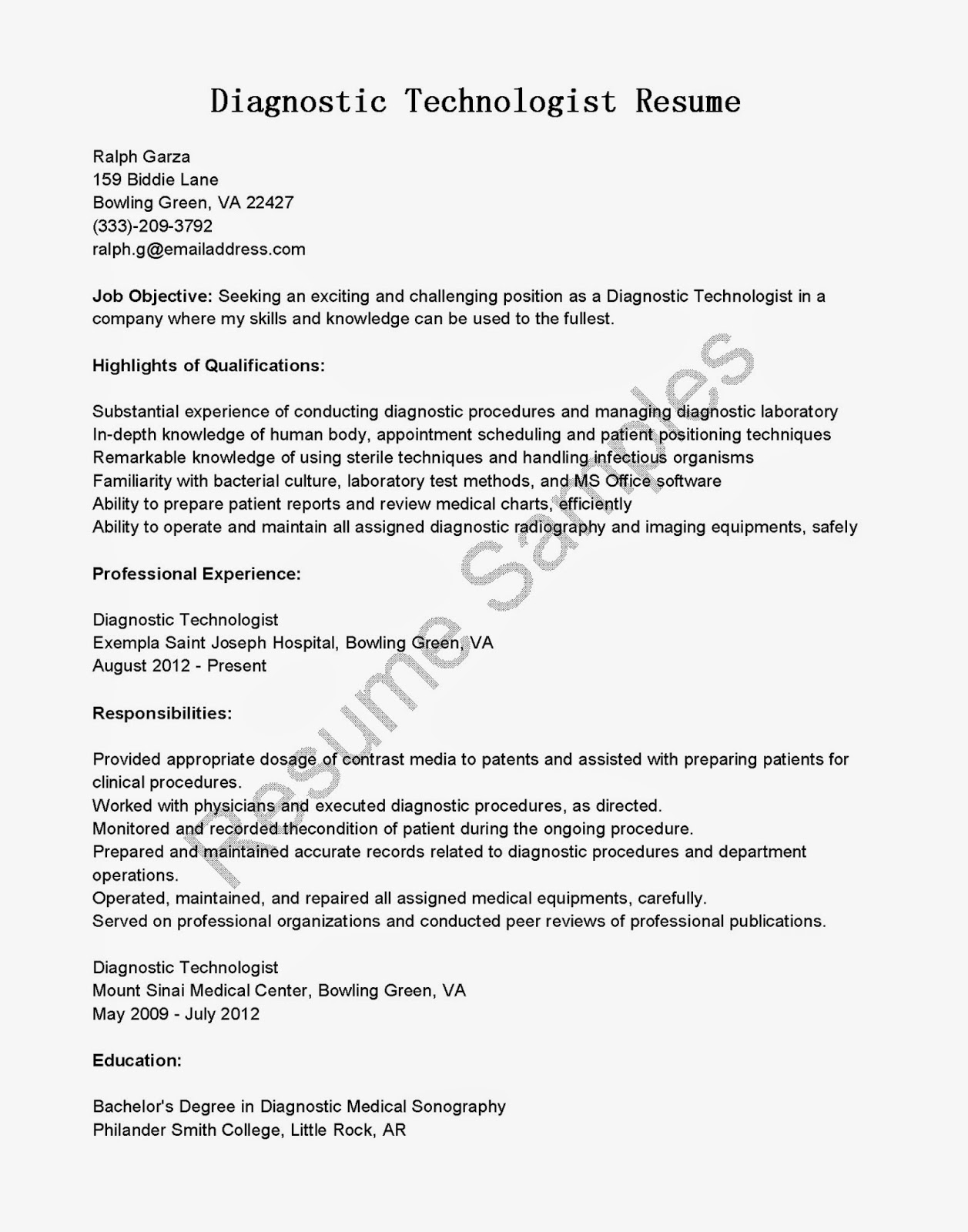 Resume Samples Diagnostic Technologist Resume Sample