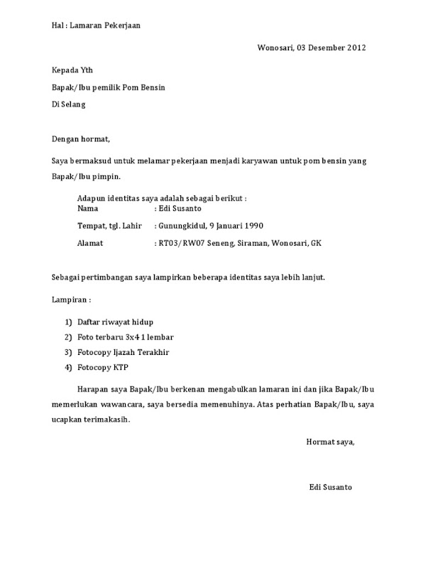 Contoh Surat Lamaran Kerja Di Spbu