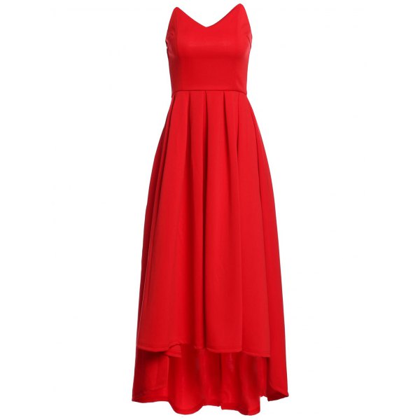 Strapless High Waist Pleated Ball Gown Red Maxi Dress