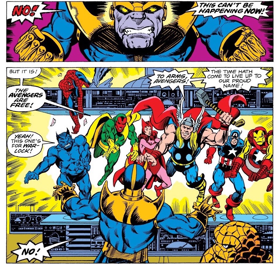 Avengers charging Thanos, who protests ‘No!’ in disbelief