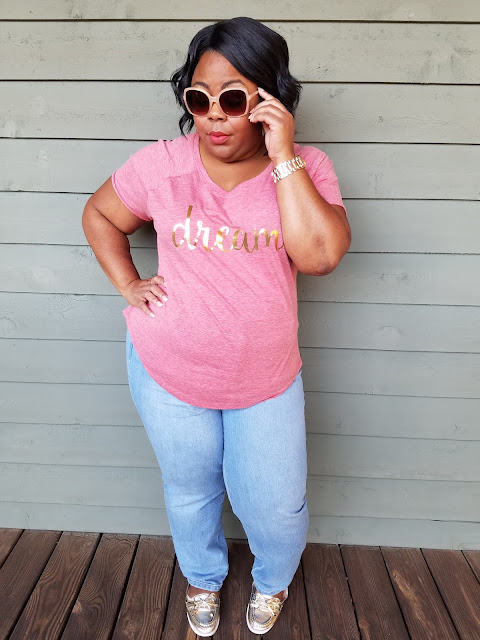 Curvy hips, thick thighs, body confidence, blush sunglasses, foil print tee