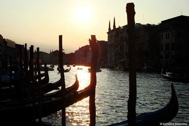Gondolas Docked on the Canal at Sunset