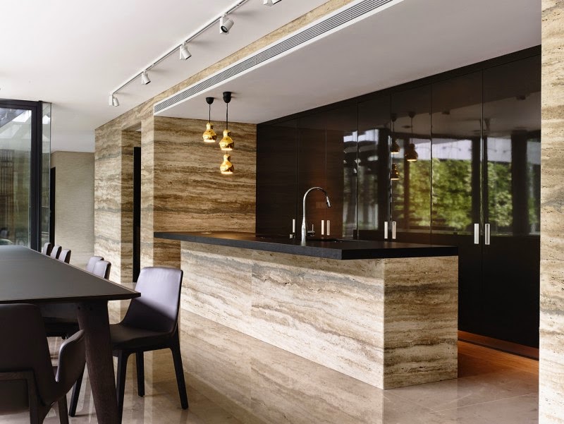 Singapore Contemporary House - interior design - bright stone accent in the kitchen and dark combination