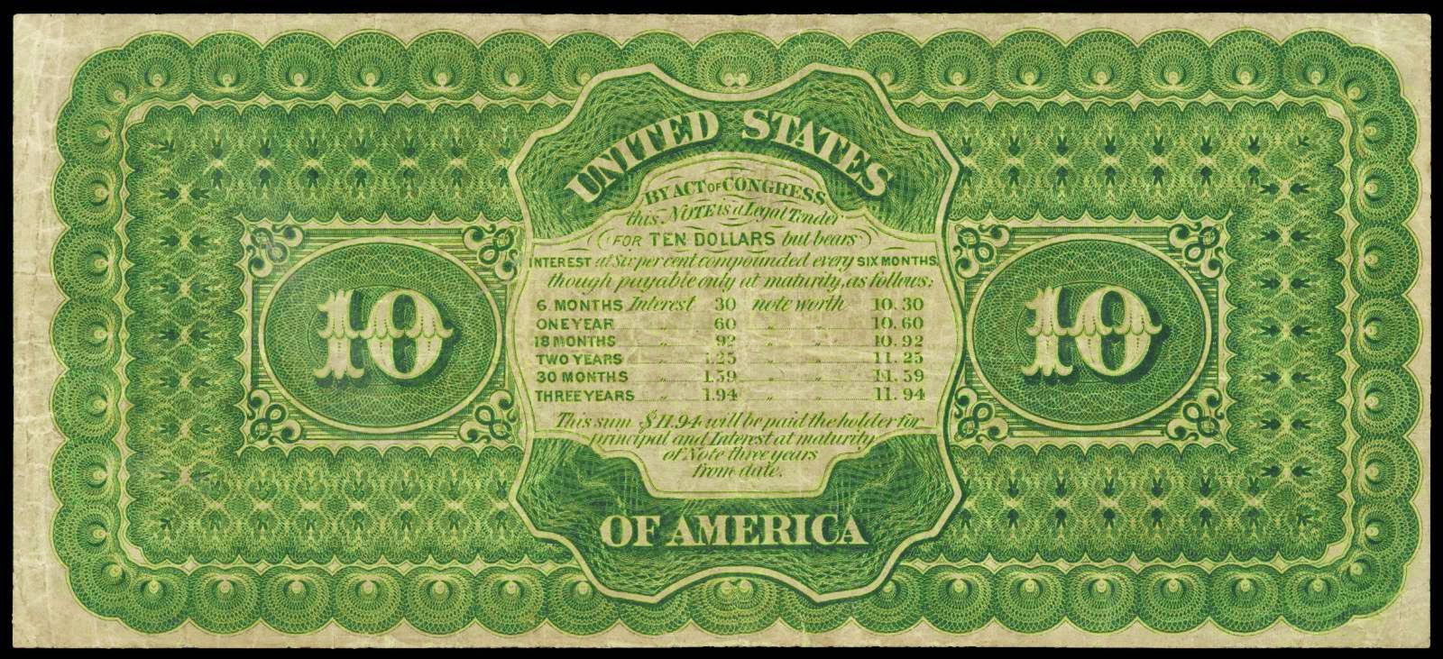 1864 Ten Dollar Compound Interest Treasury NoteWorld Banknotes & Coins Pictures Old Money